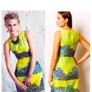 Anthropologie Tabitha Dress Shift Azure Scroll Yellow Blue Swiss Dot Cotton Sz 2